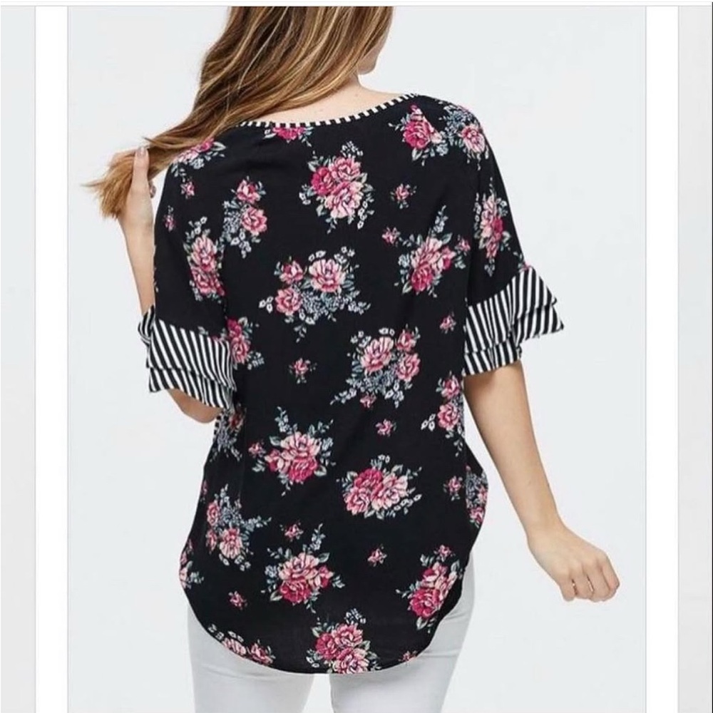White Birch Black and Pink Ruffled Blouse with Cuffed Sleeves